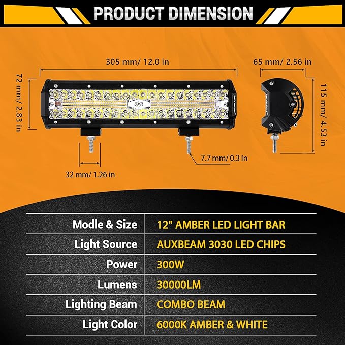 Auxbeam 12 Inch LED Light Bar 300W 6 Modes Amber White Strobe Light, Off-Road Driving Light Spot Flood Combo Work Light with 16AWG 10FT Wiring Harness Kit - 1 Lead for Jeep Wrangler Boat Truck SUV ATV