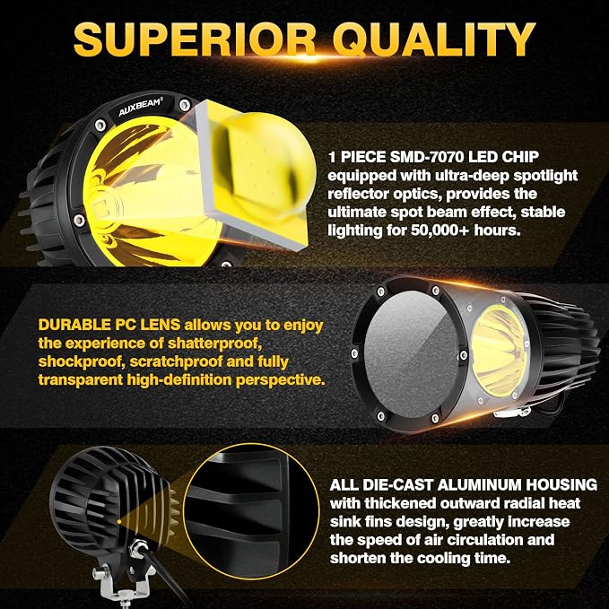 Auxbeam C4 Series Round LED Pods 4-Inch 72W Amber Fog Lights 2-Pack | Yellow auxiliary light bar, Pencil beam spot lights, A-pillar bumper driving spotlight, for ATV truck car Jeep motorcycle