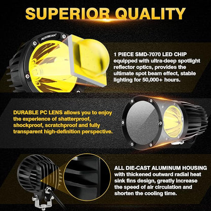 Auxbeam C4 Series Round LED Pods 4-Inch 72W Amber Fog Lights 2-Pack | Yellow auxiliary light bar, Pencil beam spot lights, A-pillar bumper driving spotlight, for ATV truck car Jeep motorcycle