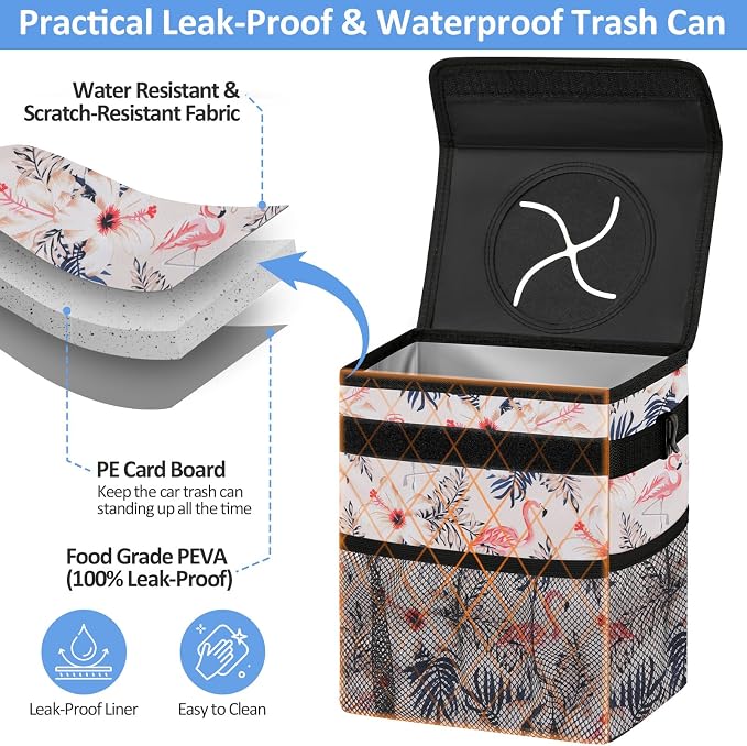 ELONGRIVER Car Trash Can Bin for Back Seat Leak Proof, Cute Car Trash Bag Hanging, Vehicle Trash Can for SUV Truck Van, Automotive Garbage Cans Front Seat Flamingos, 2 Gallons