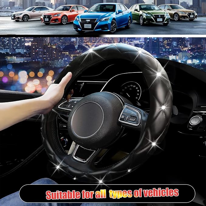 SuperKaKa Black Steering Wheel Cover 2026, Auto Cute Girly Diamond Bling Comfort Leather Car Interior Accessories Protector Sparkly Automotive Decoration for Women Men