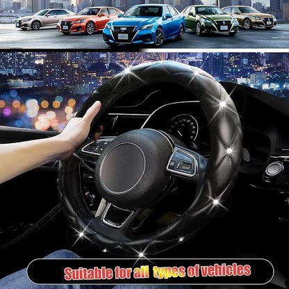 SuperKaKa Black Steering Wheel Cover 2026, Auto Cute Girly Diamond Bling Comfort Leather Car Interior Accessories Protector Sparkly Automotive Decoration for Women Men