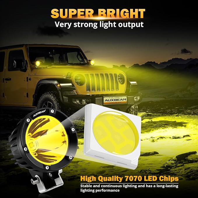 Auxbeam C4 Series LED Pods 4In 72W Amber Fog Light, Round Spot Offroad Light, 2PCS 7200LM Amber Light Pod with Wiring Harness Kit, Driving Light Yellow Ditch Light for Jeep Motor SUV ATV UTV Wrangler