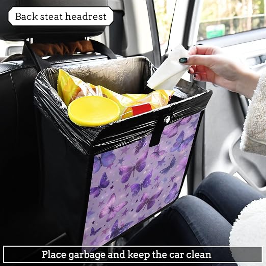 Car Trash Can Organizer Bin with Adjustable Strap for Back Front Seat Console Waterproof Leakproof Collapsible Portable 11 Inch Purple Dreamy Butterflies and Stars