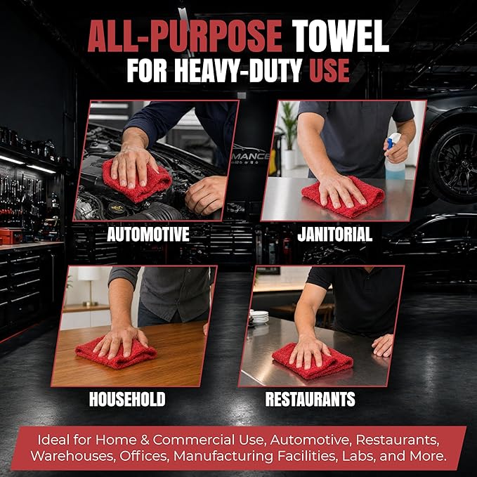 Shop Towels (Red, 150-Pack) - Bulk Cleaning Towel in a Bag, Mechanic Cotton Wipes for Car Maintenance, Auto Mechanics & Garage, Wipe Grease & Oil, Machine Wash & Reusable