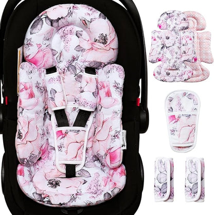 BOMOLOUR Infant Car Seat Insert, Enlarged Head Support for Baby Carseat, Reversible Newborn Insert with 3 Strap Covers, 2-in-1 Baby Car Seat Cushion for Stroller, Swing, Bouncer, Rocker - Pink Floral