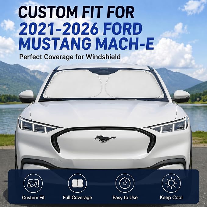 Custom Fit Windshield Sun Shade for Ford Mustang Mach E 2021-2026 | Custom Fit Windshield Cover, Blocks UV Rays, Double-Layer Heat Shield, Durable Frame, Easy Fold & Storage