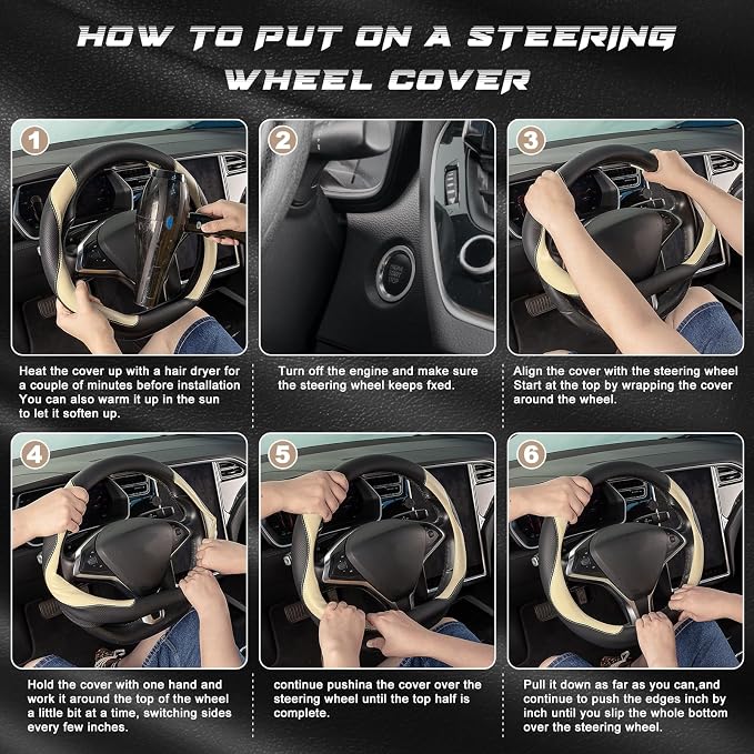 SEG Direct D Shaped Steering Wheel Cover, Flat Bottom Car Wheel Cover 14 1/2-15 in. (37-39 cm), Black and Beige Microfiber Leather