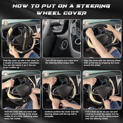 SEG Direct D Shaped Steering Wheel Cover, Flat Bottom Car Wheel Cover 14 1/2-15 in. (37-39 cm), Black and Beige Microfiber Leather