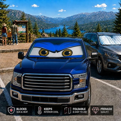 Car Windshield Sun Shade, Blue Monster Eyes Large Foldable Front Window Sunshade, UV Heat Protection Windshield Cover Universal Fits Full-Size Pickup Truck SUV- 63 x 33.86