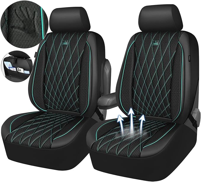CAR PASS Thick Foam 3D Air Mesh Leather Car Seat Covers Front Seats Only, Breathable Premuim Leather Two Front Seat Cover, Airbag Compatible Universal Fit for 95% Sedan Van Truck SUV,Black and Mint
