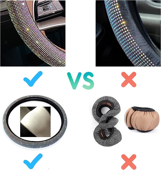 Carwales Car Bling Steering Wheel Cover for Women Girls 15 Inch Universal Colorful Crystal Rhinestone Diamond Rainbow Bling Accessories Anti Slip Wheel Protector Sparkling, Black