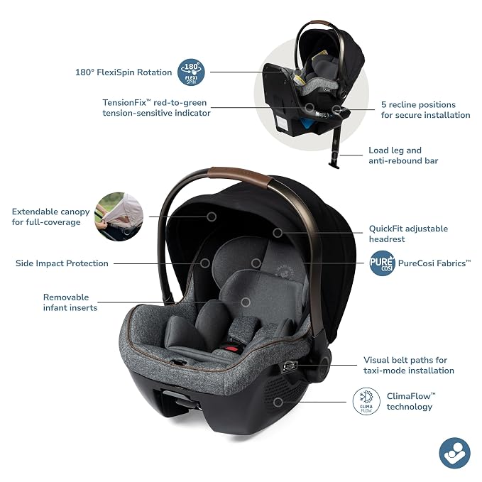Maxi-Cosi Peri 180 Rotating Infant Car Seat, Baby Car Seat Rotating Carseat, Onyx Wonder