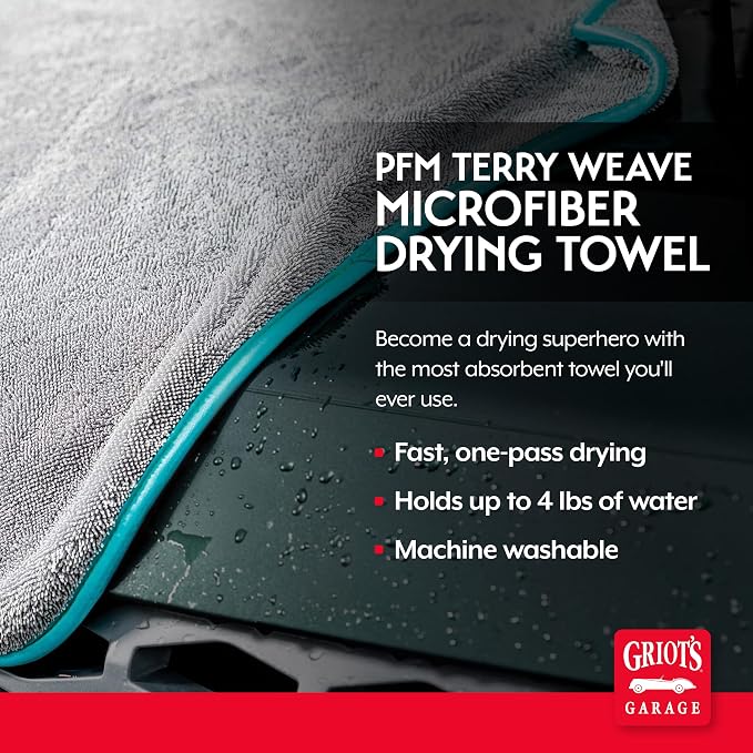 Griot's Garage PFM Microfiber Drying Towel for Car Wash and Auto Detailing, High Absorbency, Machine Washable, Small, 28"x 20", 55504