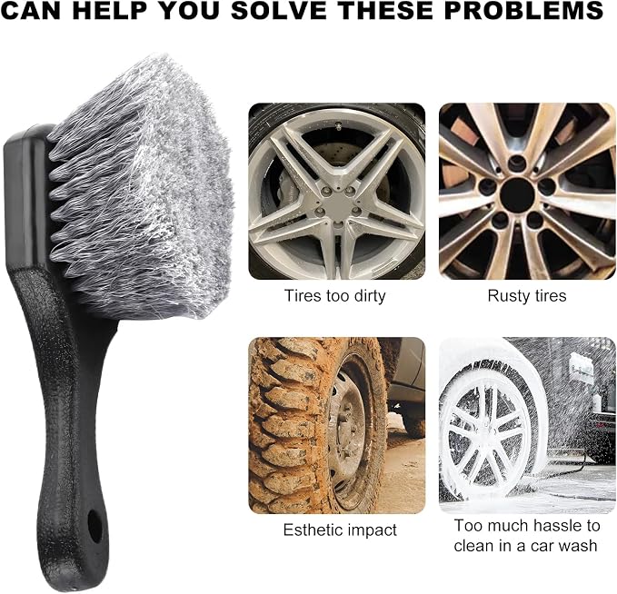 Wheel & Tire Brush for Car Rim, Soft Bristle Cleaning Brush Releases Dirt Road Grime with Short Handle, Easy Scrubbing Detailing Wheel Cleaner for Truck SUV RV Motorcycle