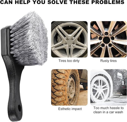 Wheel & Tire Brush for Car Rim, Soft Bristle Cleaning Brush Releases Dirt Road Grime with Short Handle, Easy Scrubbing Detailing Wheel Cleaner for Truck SUV RV Motorcycle