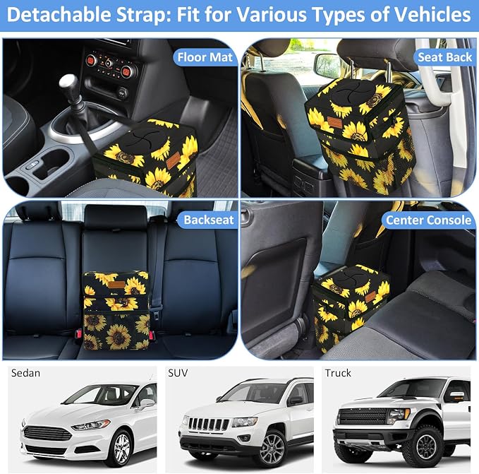 ELONGRIVER Car Trash Can Bin for Back Seat Leak Proof, Cute Car Trash Bag Hanging, Vehicle Trash Can for SUV Truck Van, Automotive Garbage Cans Front Seat Sunflower Floral