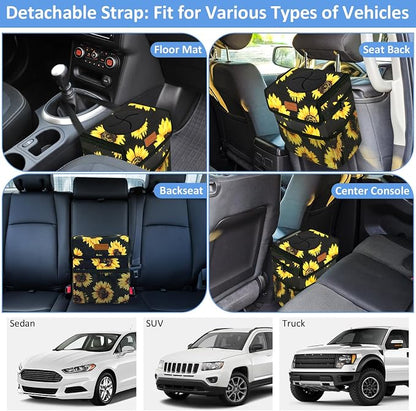 ELONGRIVER Car Trash Can Bin for Back Seat Leak Proof, Cute Car Trash Bag Hanging, Vehicle Trash Can for SUV Truck Van, Automotive Garbage Cans Front Seat Sunflower Floral