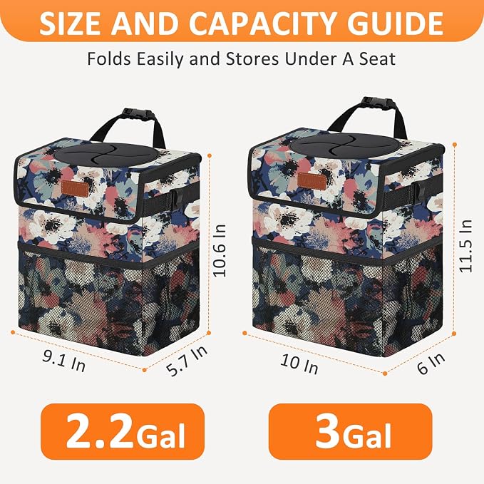 Vankor Car Trash Can for Car Cute, Trash Bag Bin Hanging Waterproof Automotive Garbage Cans Leak Proof Vehicle Trash Can Painting Floral