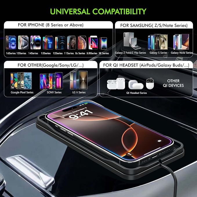 Wireless Car Charger,LANSEMKU Car Wireless Chargers Charging pad Non Slip 15w Fast Charger for Car Wireless Phone Charger for iPhone 16/15/14/13/12 Pro Max,Samsung for Android (Black-100cm Cable)