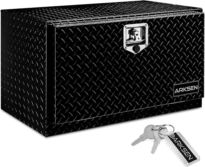 ARKSEN 30 x 17 x 18 Inch Underbody Tool Box, Heavy Duty Aluminum Diamond Plate Waterproof Square Storage Organizer Chest with T-Handle Lock & Keys for Pickup Truck, RV & Trailer – Black