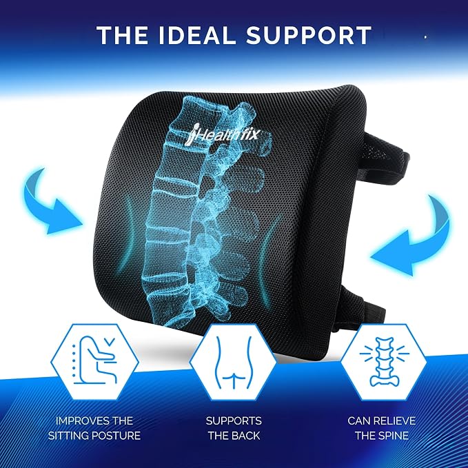 Healthfix® Ergonomic Lumbar Support Pillow – Expertly Designed in Germany – Improves Posture & Relieves Back Pain – Memory Foam Back Cushion for Office Chair & Couch - Soft (99–150 lbs)
