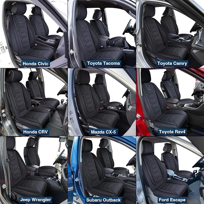 OASIS AUTO Car Seat Covers Full Set, Sporty Faux Leather with Honeycomb Pattern, Waterproof Universal Fit for SUV, Sedan, Pick-up Truck, Automotive Interior Accessories (OS-004 Black)