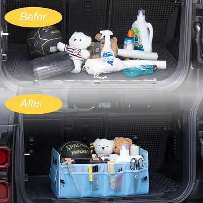 JiatuA Car Trunk Organizer, Car Organizers and Storage Collapsible Multi Compartment Container Box, Adjustable Car Accessories for SUV Sedan Truck, Standard Size, Light Blue