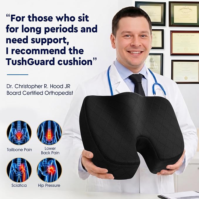 TushGuard Seat Cushion - for Office Chair, Car Seat, Airplane, Bleacher - Sciatica & Coccyx Pain Relief Desk Chair Cushion for Long Sitting Office Workers, Car Drivers(Black, XXX-Large)