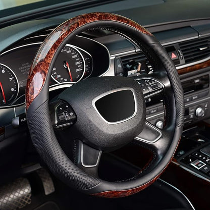 KAFEEK Small Size 14 inch Wood Grain Steering Wheel Cover, Black Microfiber Leather, Compatible for Prius Civic 14-14.25 inch Steering Wheel