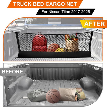 Envelope Style Truck Bed Cargo Net Compatible with Nissan Titan 2017-2023 2024 2025,Highly Elastic Truck Cargo Net for Titan Accessories, Upgraded Storage Bag & Heavy Duty Carabiners
