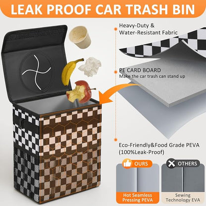 Vankor Car Trash Can Bin with Lid Hanging for Back Seat, Car Accessories for Women Men Leak Proof Automotive Garbage Cans Leakproof Vehicle Trash Can for Truck SUV,Black White Checkered