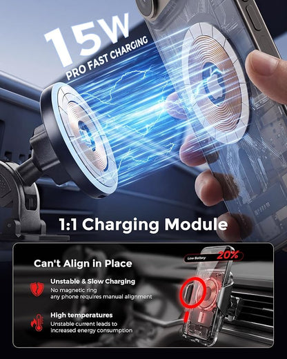 2-in-1 15W Magsafe Car Mount Charger, Magnetic Wireless Car Charger, 360° Dashboard & Air Vent Phone Mount, Phone Holders for Your Car, Car Accessories for Men Women for iPhone 17-12