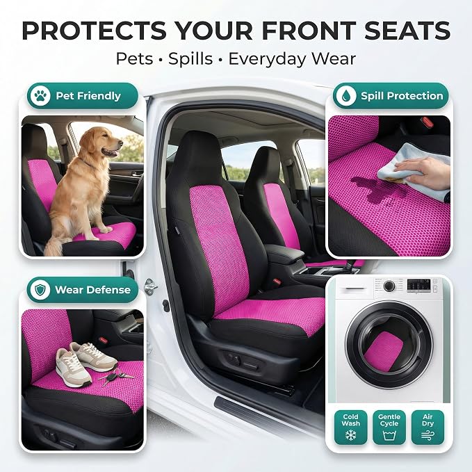 FH Group Automotive Full Car Seat Covers for SUV, Trucks, Sedan and More - Universal Fit Front High Back & Rear Solid Bench Design Interior Accessories - 3D Air Mesh Fabric Center Panel - Pink