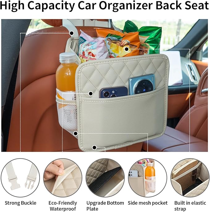 FrgKbTm Car Seat Back Hanging Bag Car Document Holder Multi-Pocket Bottle Bag Storage Box Organizer Travel Tidy Pouch Pocket Kids Beige