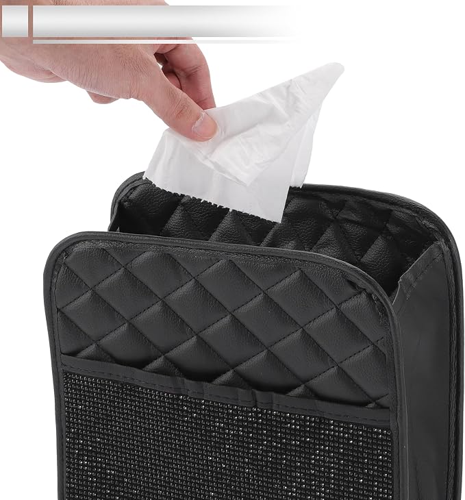 1 Pcs Universal Car Trash Can Hanging 10.2" Length 3.5" Width 10.2" Height Trash Bin Black Faux Leather Rhinestone