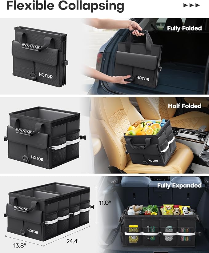 HOTOR Car Trunk Organizer - Foldable Trunk Organizer for SUV, Car Storage with Reflective Strips & Securing Cover, Large Capacity Car Accessories for Truck, Van & Sedan, Black, 24.4" x 13.8" x 11.0"
