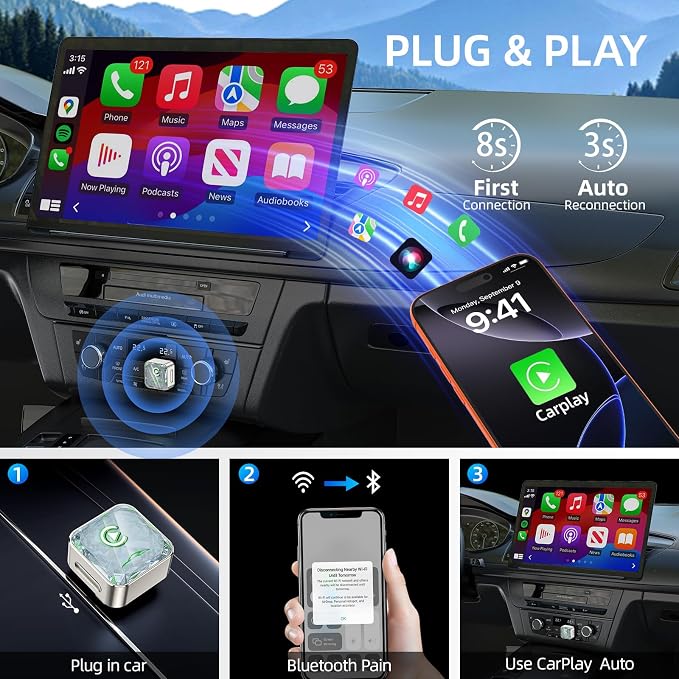 Wireless Apple CarPlay Adapter, 5.8G Quad-Core Chip No Latency, Aerospace Silicone Cooling, Zn-Alloy & Diamond Panel, Plug & Play Wired to Wireless CarPlay Adapter