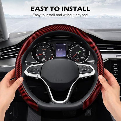 Frani Leather Steering Wheel Cover,Universal Fit 15 Inch-Premium Non-Slip Breathable Comfort Grip for Cars Trucks SUVs,Anti-Slip Durable Interior Upgrade Carbon Fiber Pattern (Red)