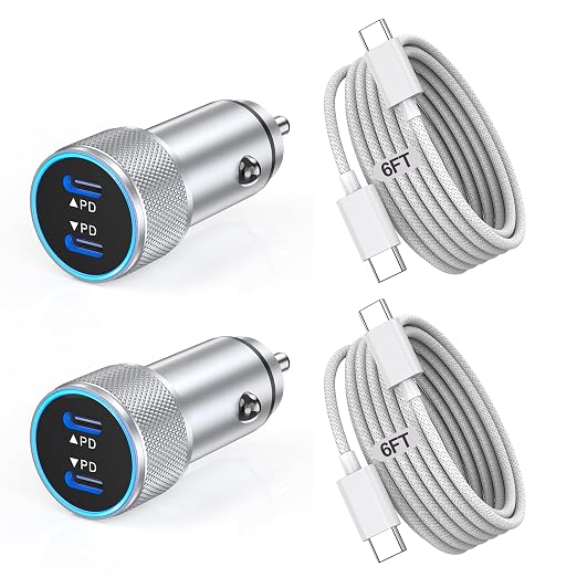 iPhone 16 Car Charger,USB C Fast Car Charger Adapter 2Pack Dual USB C Port Fast CarCharger with 6Feet Long Type C to C Braided Charging Cable Fast Charging for iPhone 16/16 Pro/16 Pro Max/15/iPad