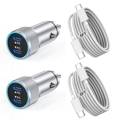 iPhone 16 Car Charger,USB C Fast Car Charger Adapter 2Pack Dual USB C Port Fast CarCharger with 6Feet Long Type C to C Braided Charging Cable Fast Charging for iPhone 16/16 Pro/16 Pro Max/15/iPad