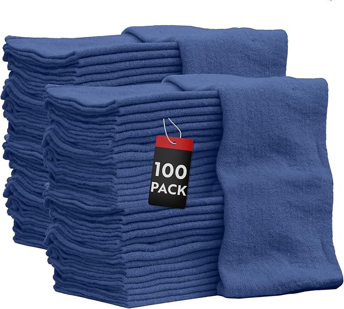 Nabob Wipers Auto Mechanic Shop Towels 100 Pack Bulk Rags 100% Cotton Commercial Grade Shop Rags Size 14"x14" (100 Pack, Blue)