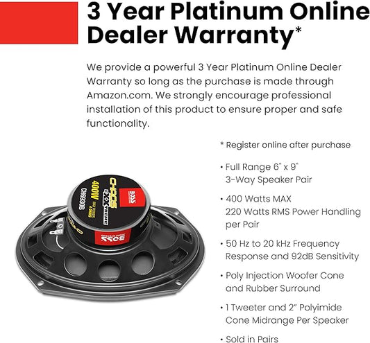 BOSS Audio Systems CH6930B 6 x 9 Inch Car Door Speakers - 400 Watts Max (Pair), Coaxial, 3 Way, Full Range, 4 Ohms, Sold in Pairs, Bocinas para Carro