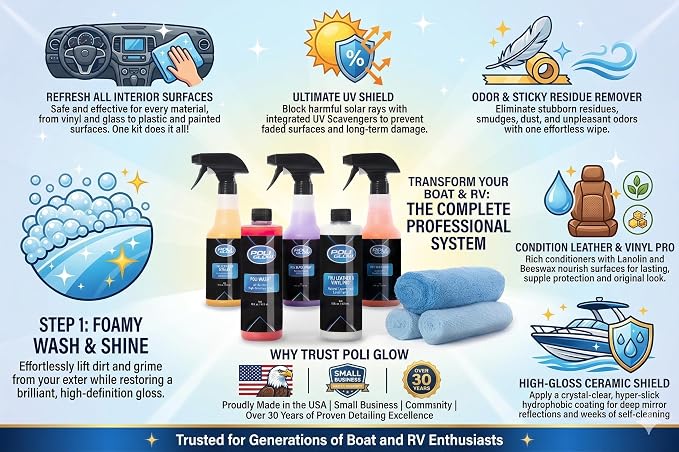 Poli Glow® 16 oz Vehicle Detailing Kit – All-in-One Cleaner & Protectant Set for Cars, Boats & RVs – Includes Interior, Exterior, Leather & Ceramic Detailers + Microfiber Towels – 7-Piece Kit