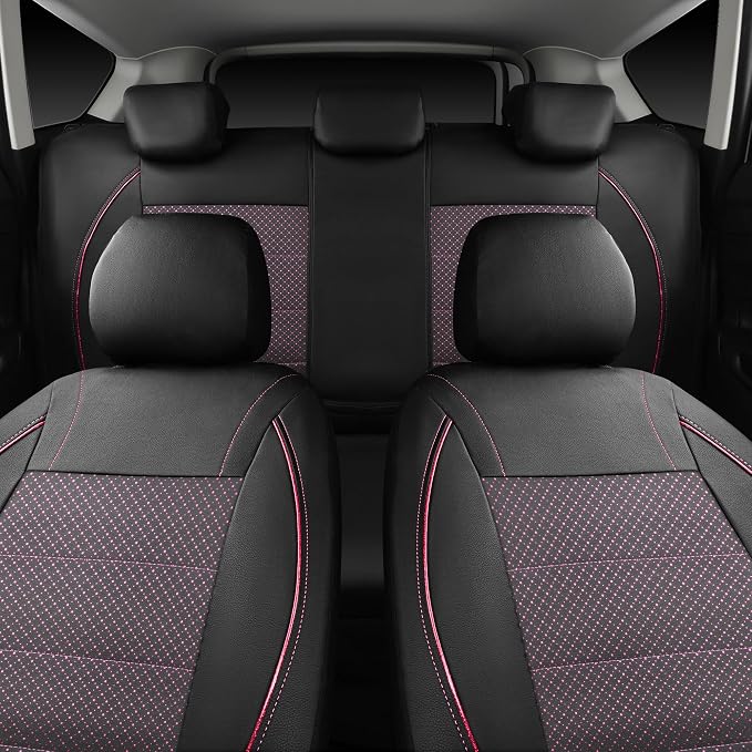 CAR PASS Piping PU Leather Car Seat Cover Full Set,Inside Zipper Design and Reserved Opening Holes，Airbag Compatible,Universal FIT for Car, SUVs,Van,Trucks（Full Set, Black & Pink）