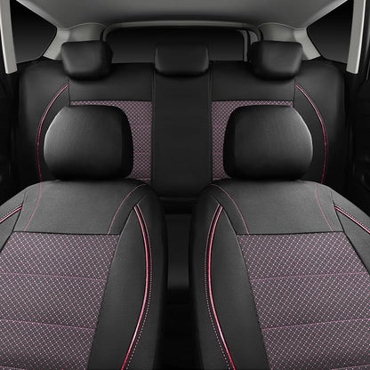 CAR PASS Piping PU Leather Car Seat Cover Full Set,Inside Zipper Design and Reserved Opening Holes，Airbag Compatible,Universal FIT for Car, SUVs,Van,Trucks（Full Set, Black & Pink）