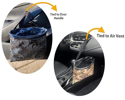 Car Trash Can Beige, Small, 0.7L, Plastic, Square, Open-Top, Reusable Waterproof Liner, 5 Disposable Bags, Hangs Front, Back Seat, Headrest, Console - Cute Beige Car Garbage Holder