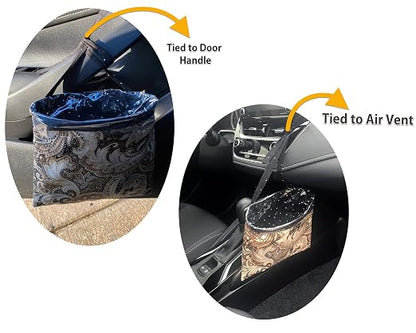 Car Trash Can Beige, Small, 0.7L, Plastic, Square, Open-Top, Reusable Waterproof Liner, 5 Disposable Bags, Hangs Front, Back Seat, Headrest, Console - Cute Beige Car Garbage Holder