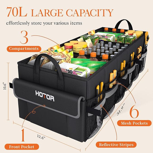 HOTOR Trunk Organizer - Car Organizer with 5 Pockets, Trunk organizer for SUV, Sedan & Van, Car Organization with Sturdy Base Panel for Car Accessories, Black, 3 Compartments, 31.89"×12.6"×10.6"
