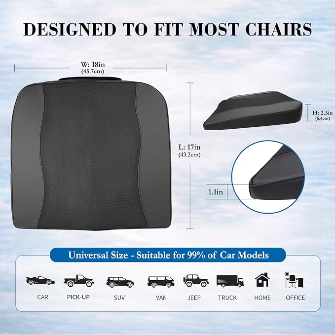Lofty Aim Car Seat Cushion, Comfort Memory Foam Car Cushions for Driving - Sciatica & Lower Back Pain Relief, Driver Seat Pillow for Auto, Office Chair, Wheelchair - Black